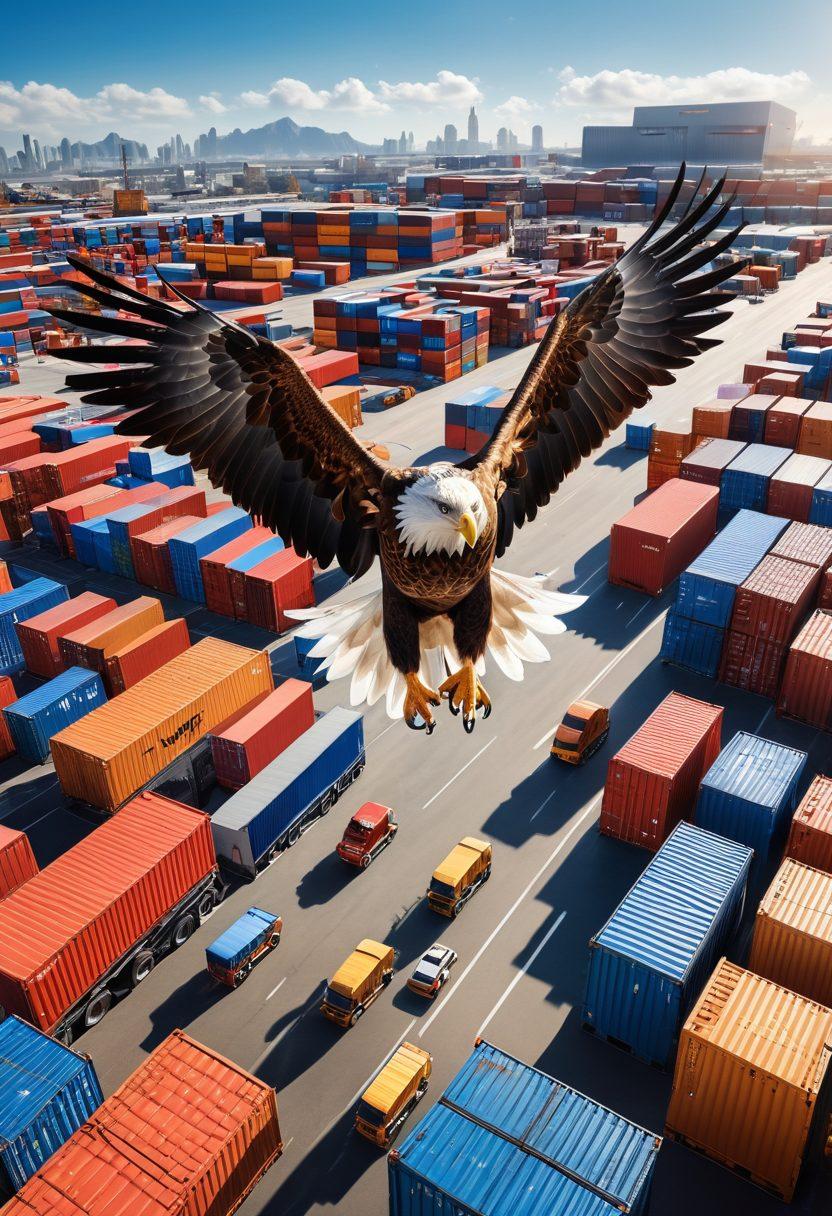 A dynamic scene showcasing an eagle soaring over a bustling logistics center filled with trucks and cargo containers. The image symbolizes efficiency and swift transport, with a clear blue sky and sunlight illuminating the operations below. Workers are actively coordinating, portraying teamwork and precision. Include visual elements like graphs and icons representing data optimization in the background. super-realistic. vibrant colors. high contrast.