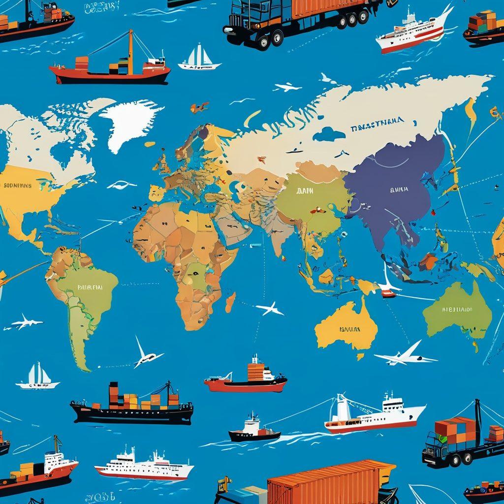 An expansive world map highlighted with shipping routes and various modes of transportation, including cargo ships, planes, and trucks. Incorporate diverse shipping containers and symbols representing different shipping solutions like express delivery, international freight, and logistics support. Use a vibrant color palette to signify global connectivity and efficiency. Add illustrations of people using technology to track their shipments. vector art. vibrant colors. white background.