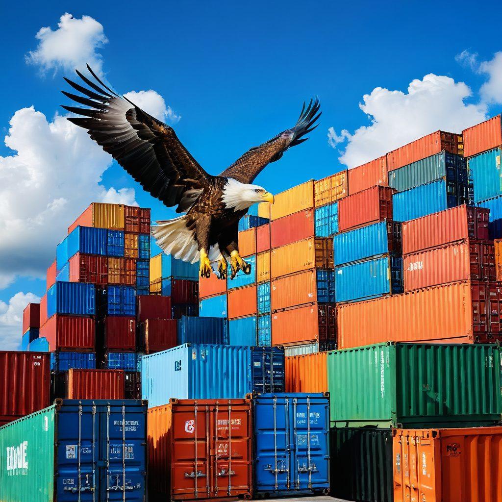 A majestic eagle soaring high above a bustling shipping port, with cranes and containers below, symbolizing success and freedom in logistics. The sky is a vibrant blue with fluffy clouds, showcasing the eagle's wings spread wide. The scene captures a sense of movement and ambition, inspiring viewers to pursue their goals in freight and shipping. super-realistic. vibrant colors. dynamic composition.